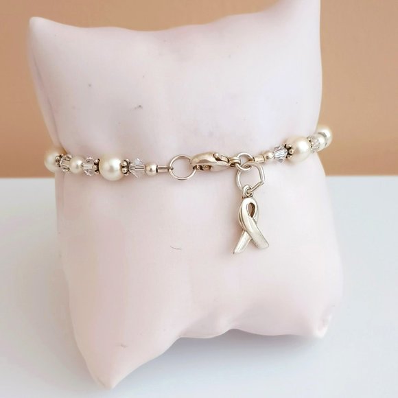 925 Pearl & Crystal Bracelet 7.5" SIC Sterling Silver Breast Cancer Awareness - Picture 4 of 9